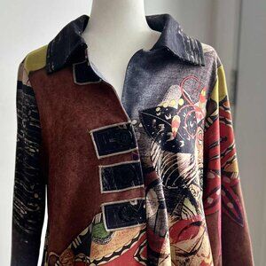Radzoli Abstract Art Print Faux Suede Boho Swing Jacket with Pockets - US M